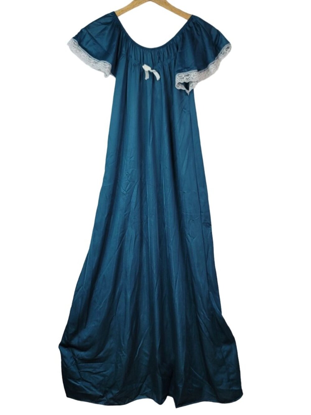 Dream Wear NIghtgown Blue Green Medium Lace Trim Nylon Flutter Lingerie USA VTG